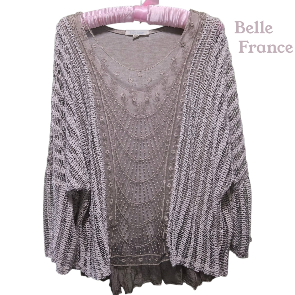 Belle France Boho Grey Crochet and Lace Cottagecore Blouse
